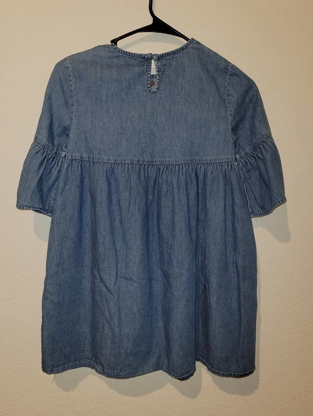 Girls' Blue Denim Embroidered Floral Dress